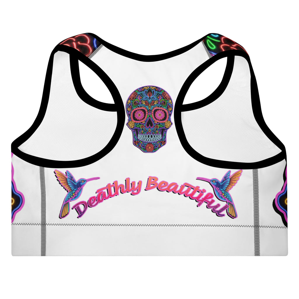 White sports bra with colorful sugar skull and hummingbird designs on a white background
