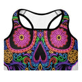 Colorful sugar skull design sports bra on a white background