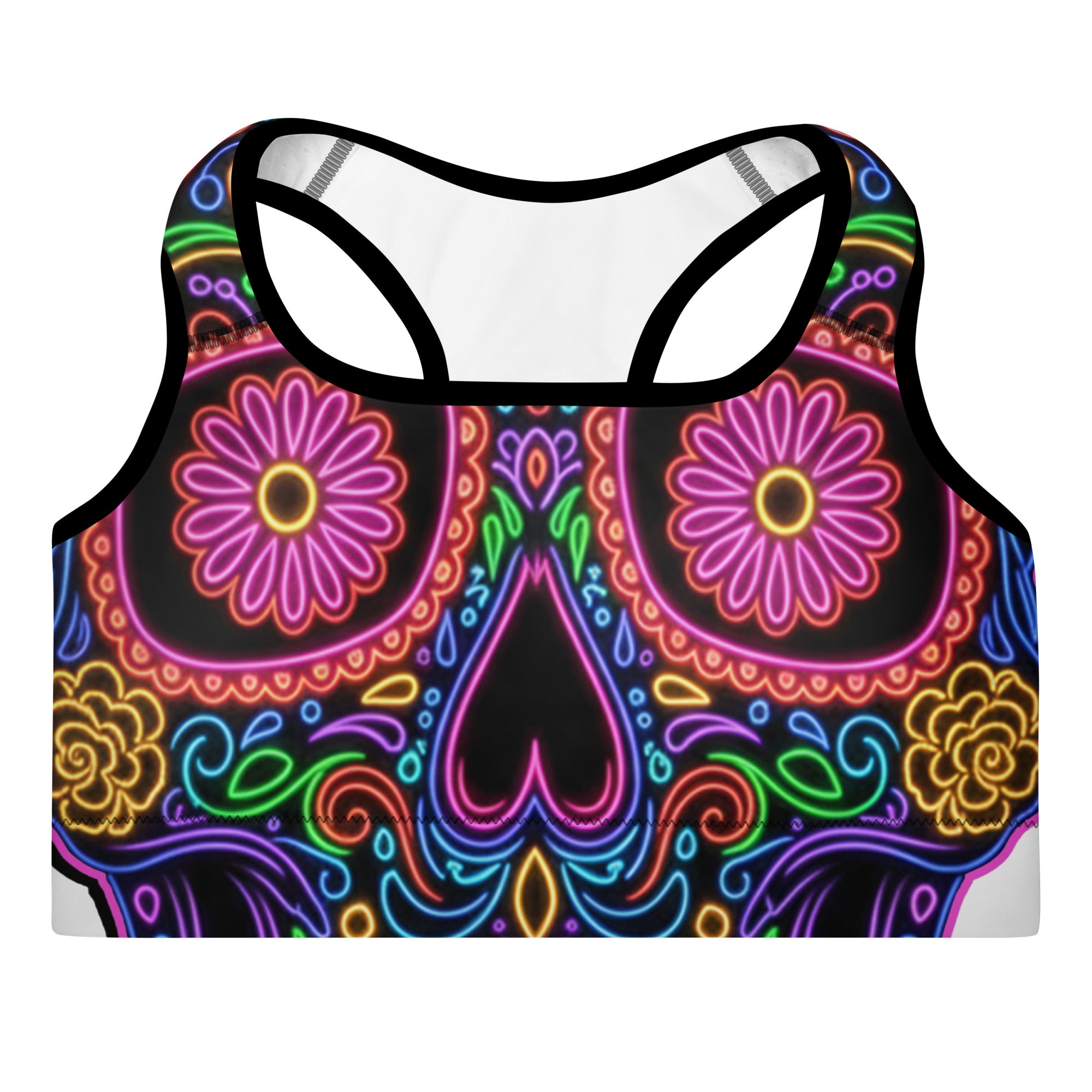 Colorful sugar skull design sports bra on a white background