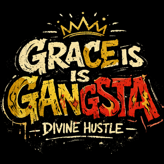 Text 'Grace is Gangsta' with a crown graphic on a black background, featuring the brand 'Divine Hustle'.