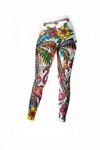 Tropical themed leggings with images of flamingoes, palm trees, and hibiscus flowers set on a white background.