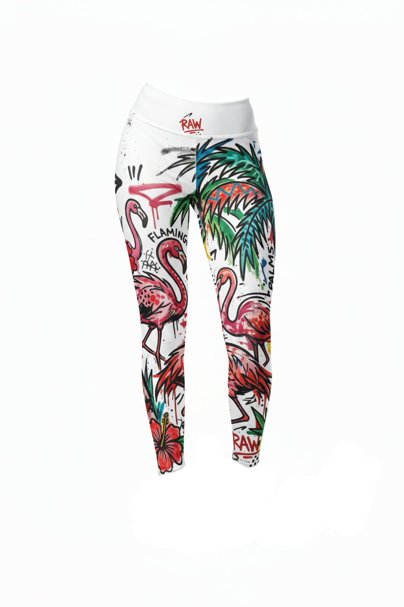 Colorful tropical-themed leggings with flamingos and palm leaves on a white background