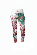 Colorful tropical-themed leggings with flamingos and palm leaves on a white background