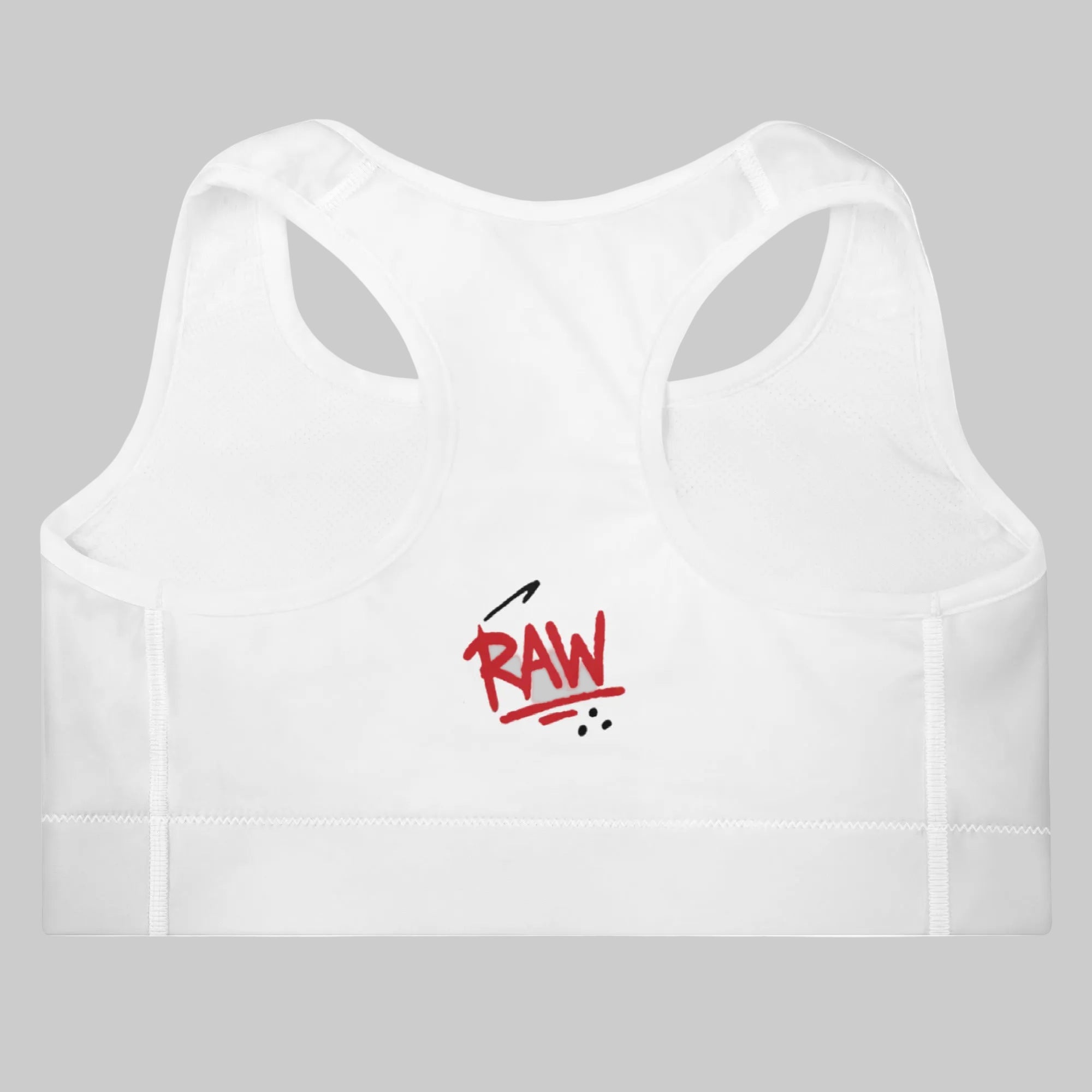 White sports bra with red 'RAW' text on a white background