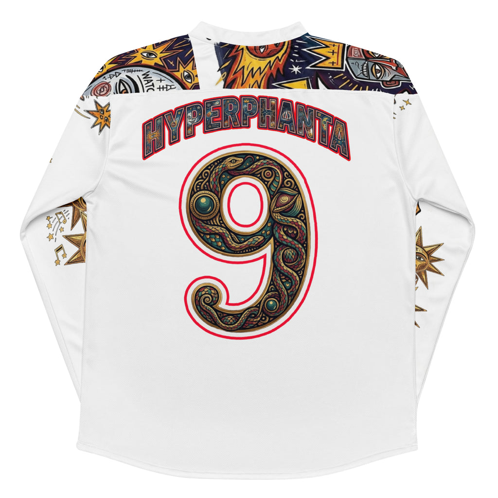 Hyperphanta Wildly Awake hockey jersey with sun and moon solar-lunar art on white fabric.