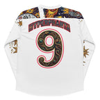 Hyperphanta Wildly Awake hockey jersey with sun and moon solar-lunar art on white fabric.