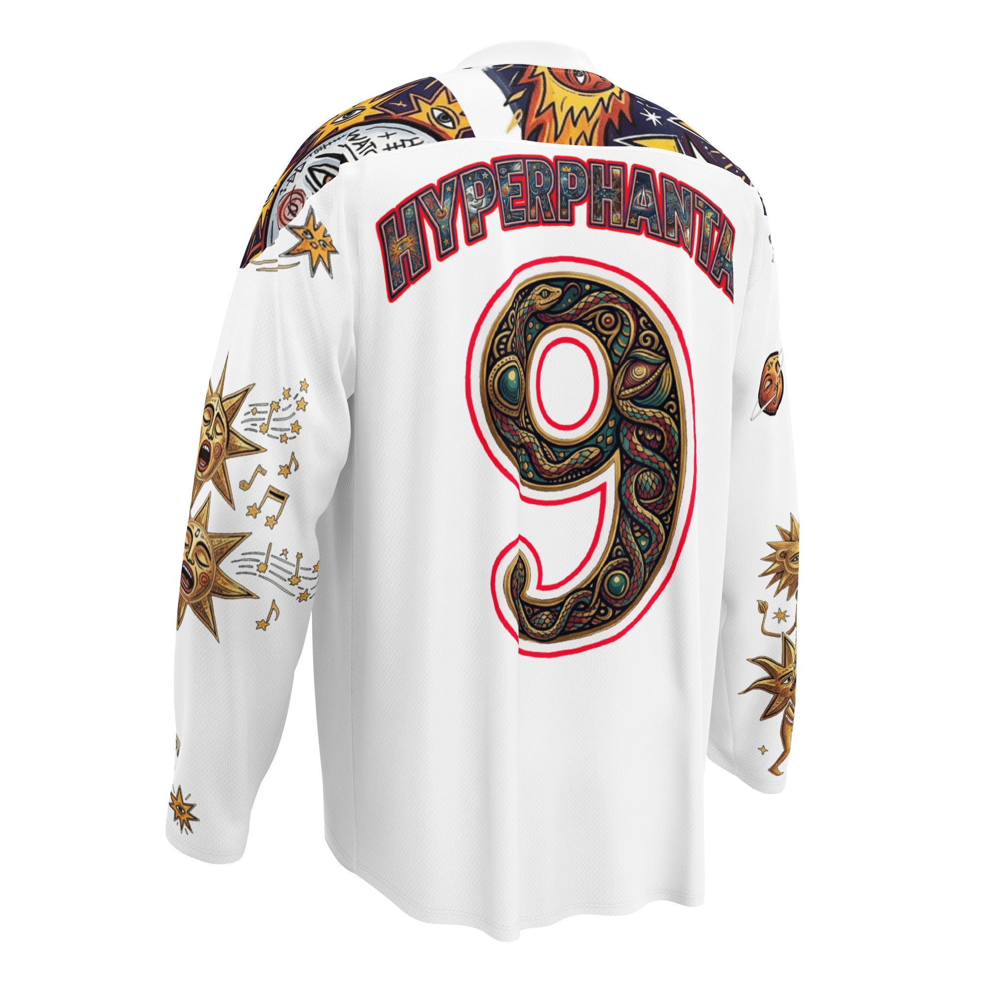 Hyperphanta Wildly Awake hockey jersey with sun and moon solar-lunar art on white fabric.