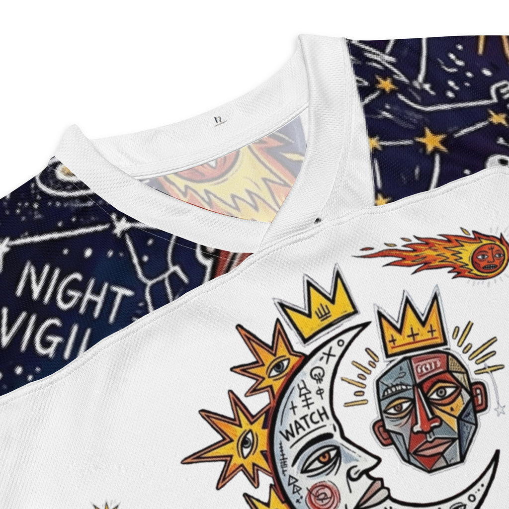 Hyperphanta Wildly Awake hockey jersey with sun and moon solar-lunar art on white fabric.