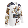 Hyperphanta Wildly Awake hockey jersey with sun and moon solar-lunar art on white fabric.