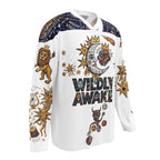 Hyperphanta Wildly Awake hockey jersey with sun and moon solar-lunar art on white fabric.