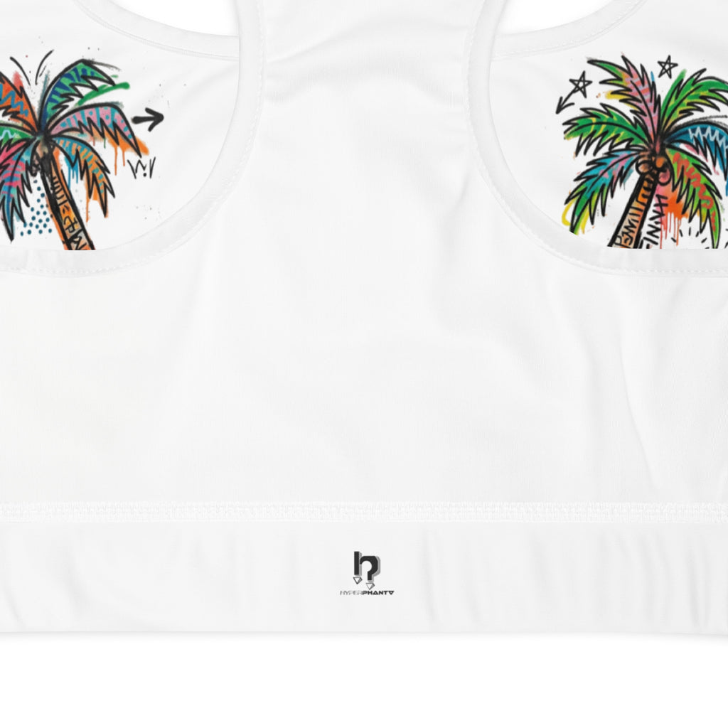 White t-shirt with colorful palm tree design on a plain background