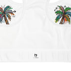 White t-shirt with colorful palm tree design on a plain background