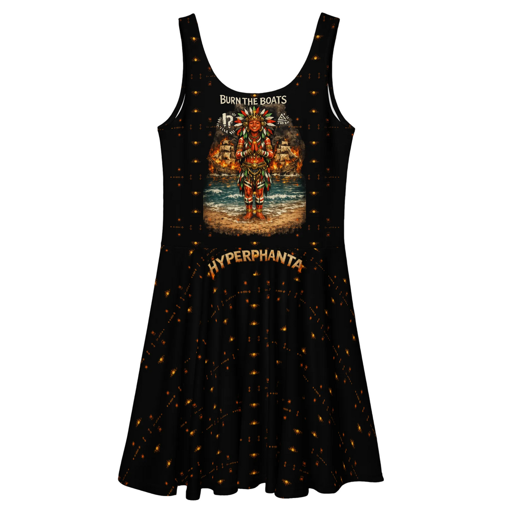 Black tank dress with graphic design and text on a white background