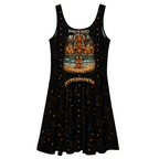 Black tank dress with graphic design and text on a white background
