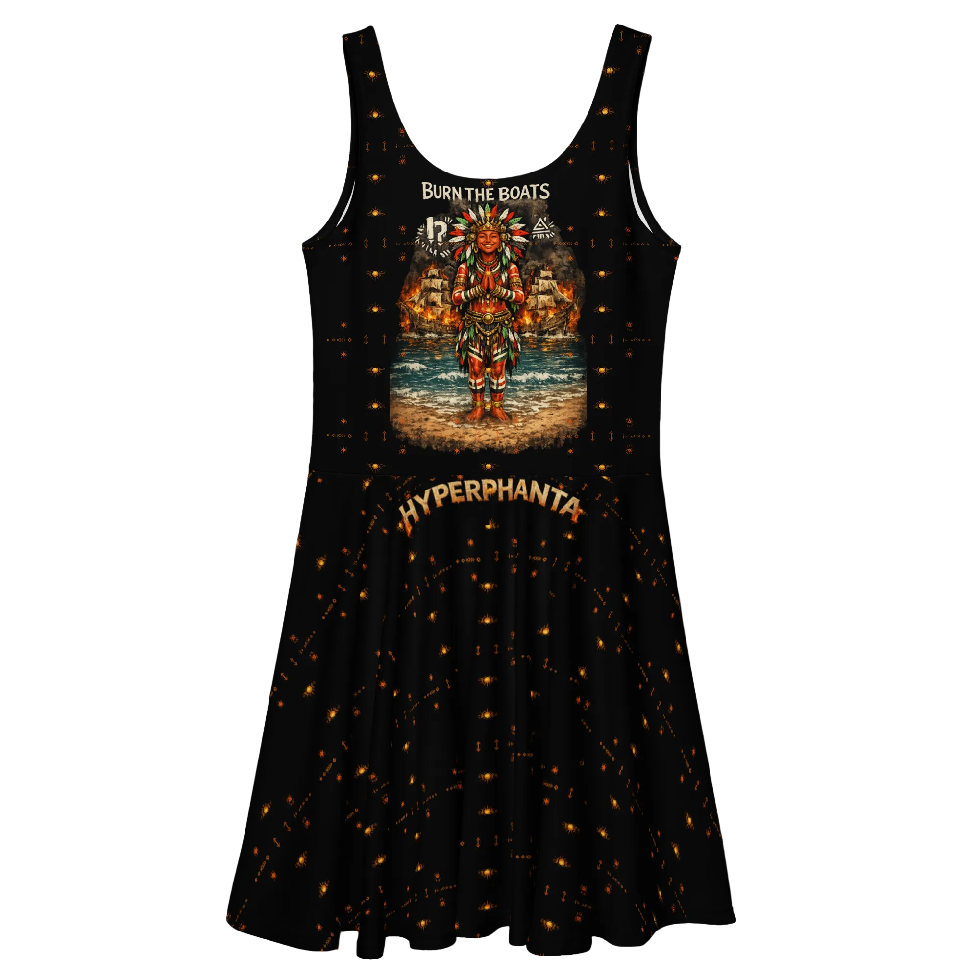 Black tank dress with graphic design and text on a white background