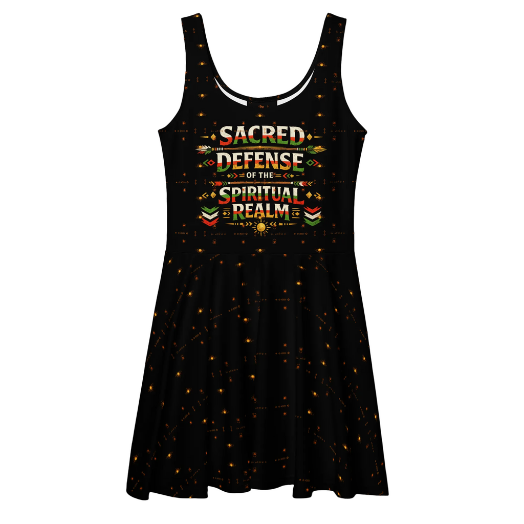 Black tank dress with colorful text and patterns on a white background