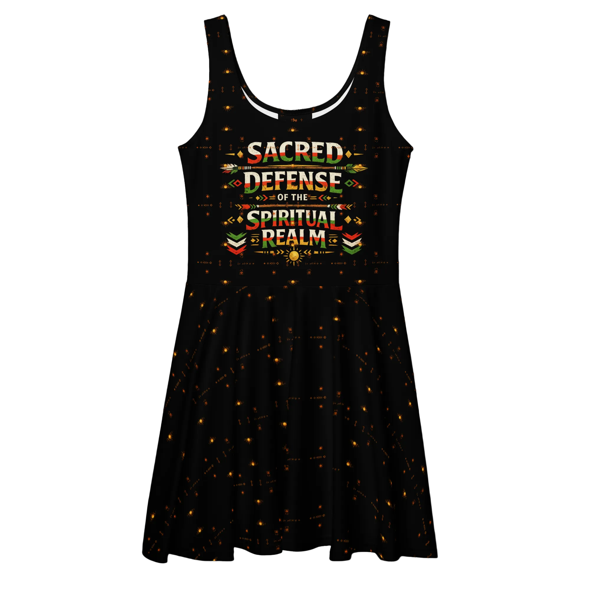 Black tank dress with colorful text and patterns on a white background