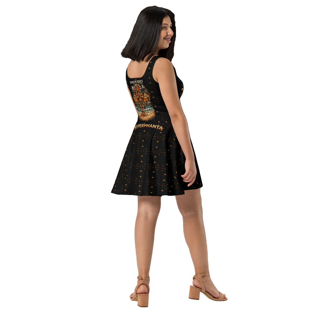 Woman wearing a black dress with a colorful design on the back, standing against a white background.