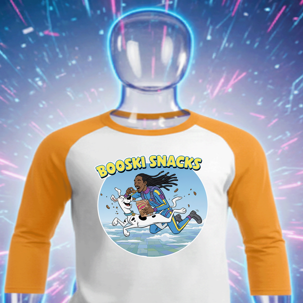 White and orange Booski Snacks Premium Cotton baseball shirt with cartoon graphic and text on a colorful abstract background by Hyperphanta - Vanguard Streetwear Collecton