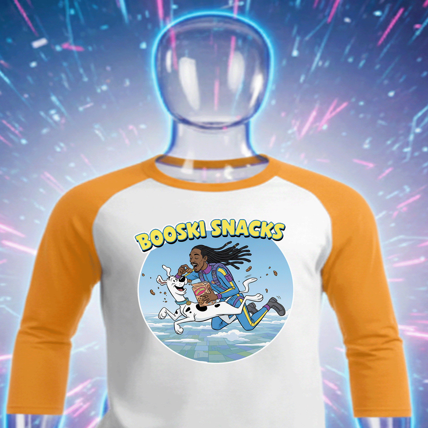 White and orange Booski Snacks Premium Cotton baseball shirt with cartoon graphic and text on a colorful abstract background by Hyperphanta - Vanguard Streetwear Collecton