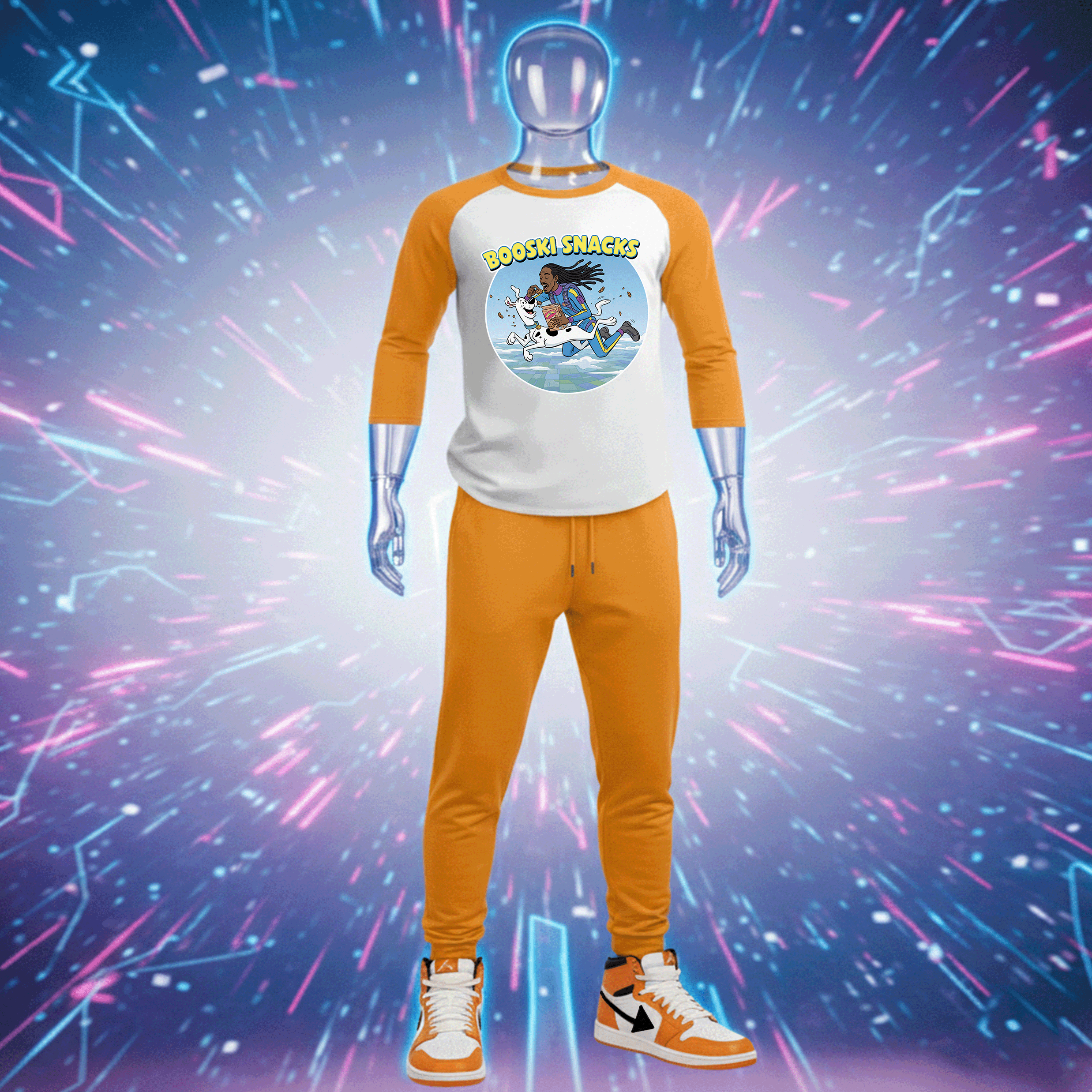 White and orange Booski Snacks Premium Cotton baseball shirt with cartoon graphic and text on a colorful abstract background by Hyperphanta - Vanguard Streetwear Collecton