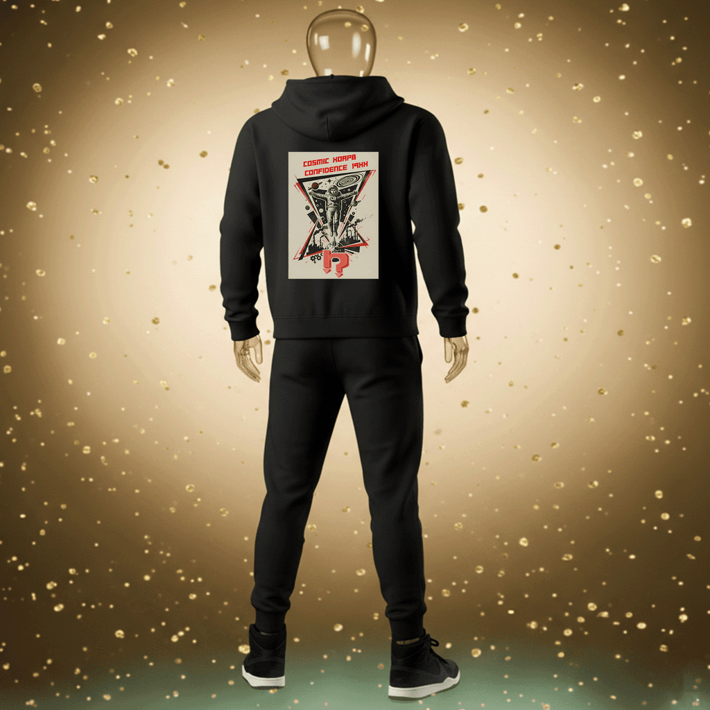 Black Cosmic Confidence Premium Cotton hoodie with graphic design on a mannequin against a gold confetti background by Hyperphanta - Inner Alchemist Streetwear Collection 