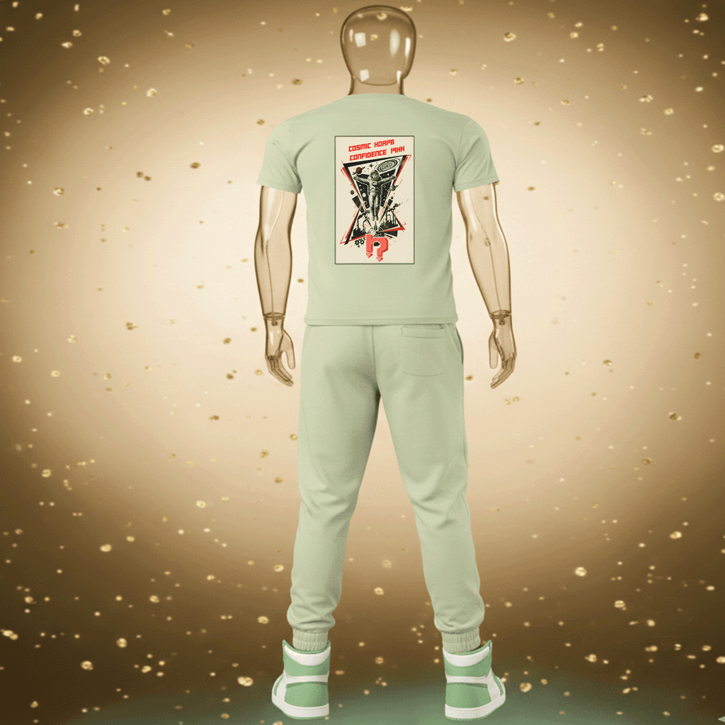 Mannequin wearing a light green Cosmic Confidence Premium Cotton t-shirt with a graphic design on a gold speckled background by Hyperphanta - Inner Alchemist Streetwear Collection