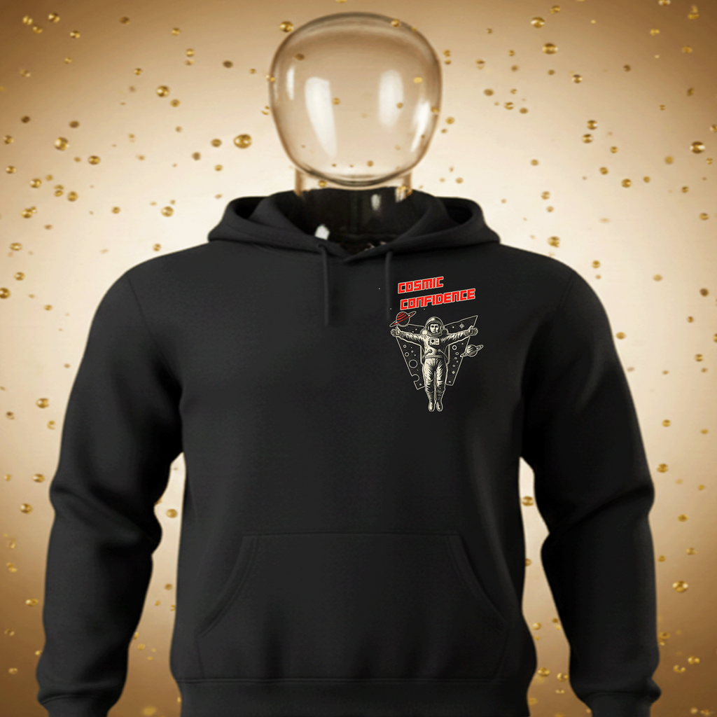 Black Cosmic Confidence Premium Cotton hoodie with graphic design on a mannequin against a gold confetti background by Hyperphanta - Inner Alchemist Streetwear Collection 