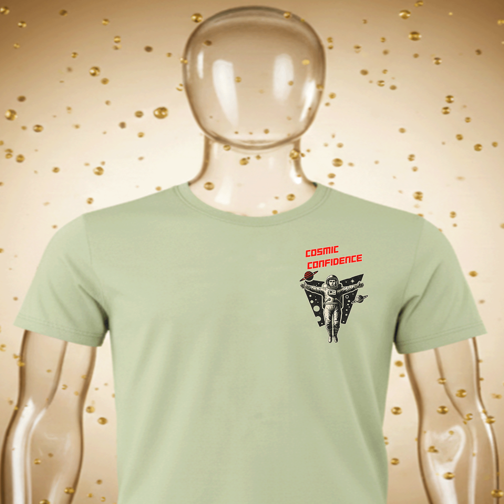 Mannequin wearing a light green Cosmic Confidence Premium Cotton t-shirt with a graphic design on a gold speckled background by Hyperphanta - Inner Alchemist Streetwear Collection