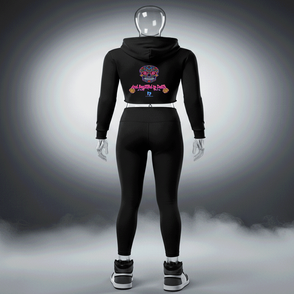 Black Deathly Beautiful Premium Cotton cropped hoodie with a logo on a transparent mannequin against a gray background by Hyperphanta - Shadow Embracer Streetwear Collection 