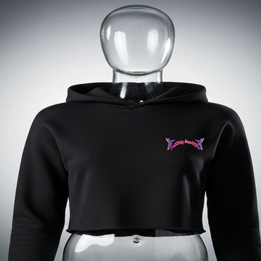 Black Deathly Beautiful Premium Cotton cropped hoodie with a logo on a transparent mannequin against a gray background by Hyperphanta - Shadow Embracer Streetwear Collection 