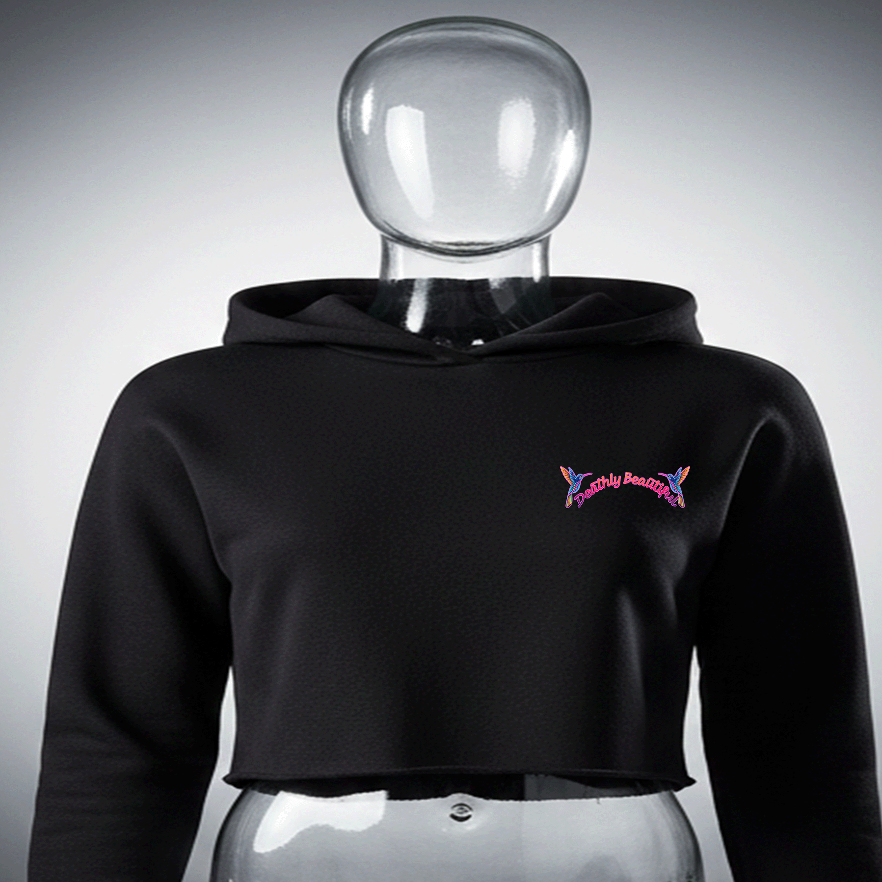 Black Deathly Beautiful Premium Cotton cropped hoodie with a logo on a transparent mannequin against a gray background by Hyperphanta - Shadow Embracer Streetwear Collection 