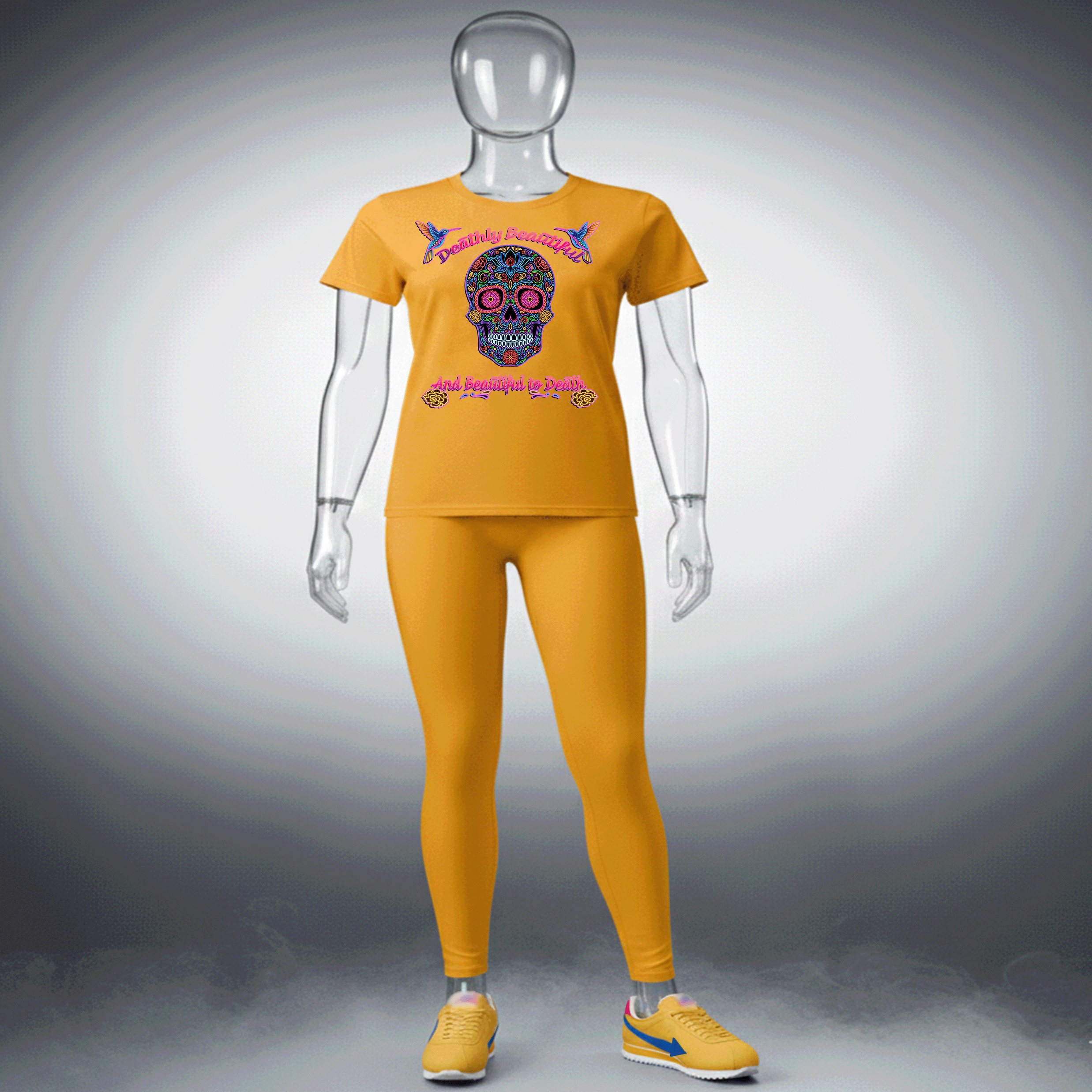 Yellow Deathly Beautiful Premium Cotton t-shirt with a colorful skull design on a mannequin against a gray background by Hyperphanta - Shadow Embracer Streetwear Collection 