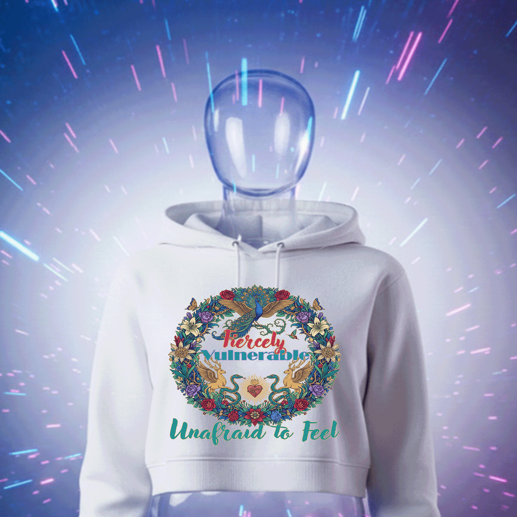 Fiercely Vulnerable Premium White hoodie with floral design and text on a blue and purple abstract background by Hyperphanta - Vanguard Collection