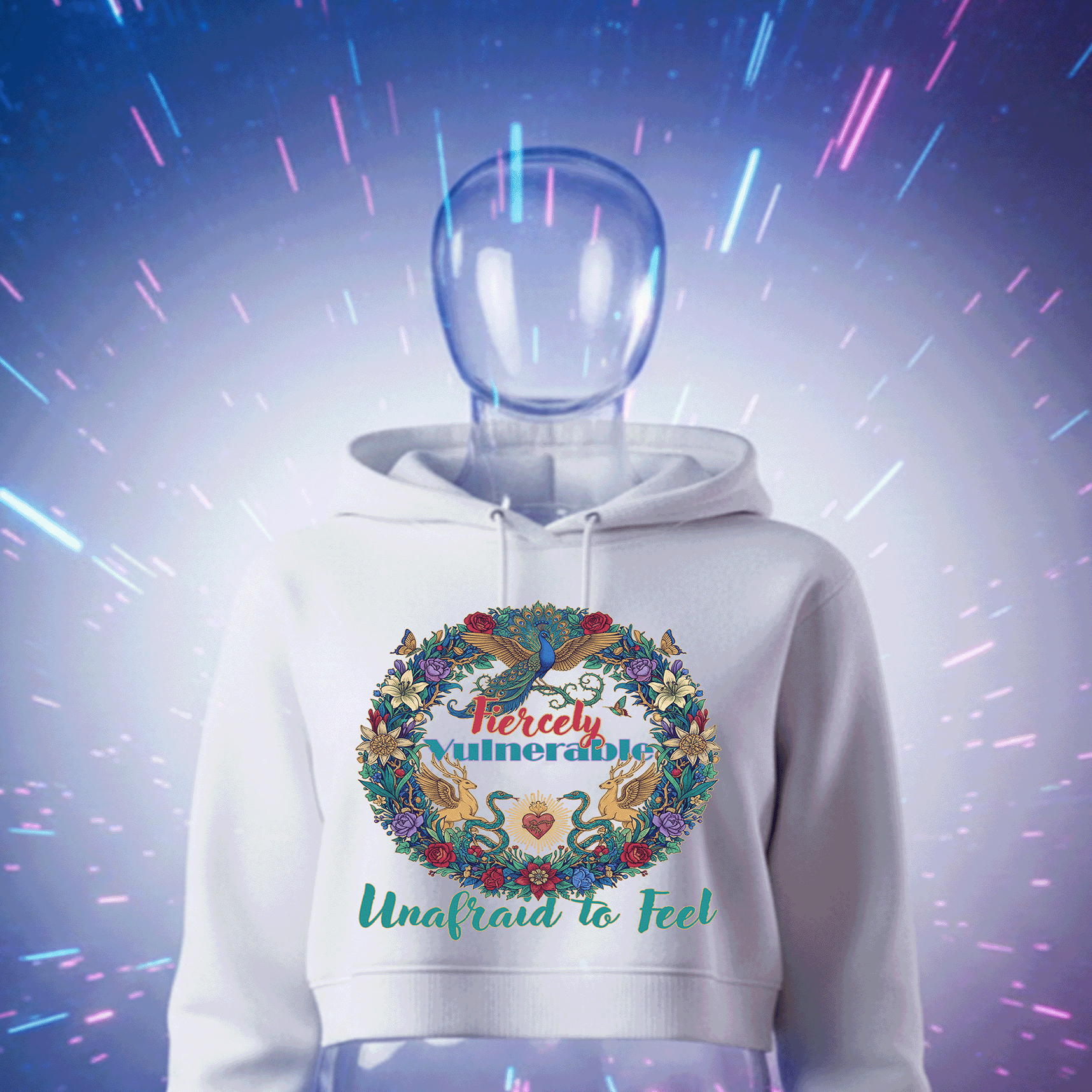 Fiercely Vulnerable Premium White hoodie with floral design and text on a blue and purple abstract background by Hyperphanta - Vanguard Collection