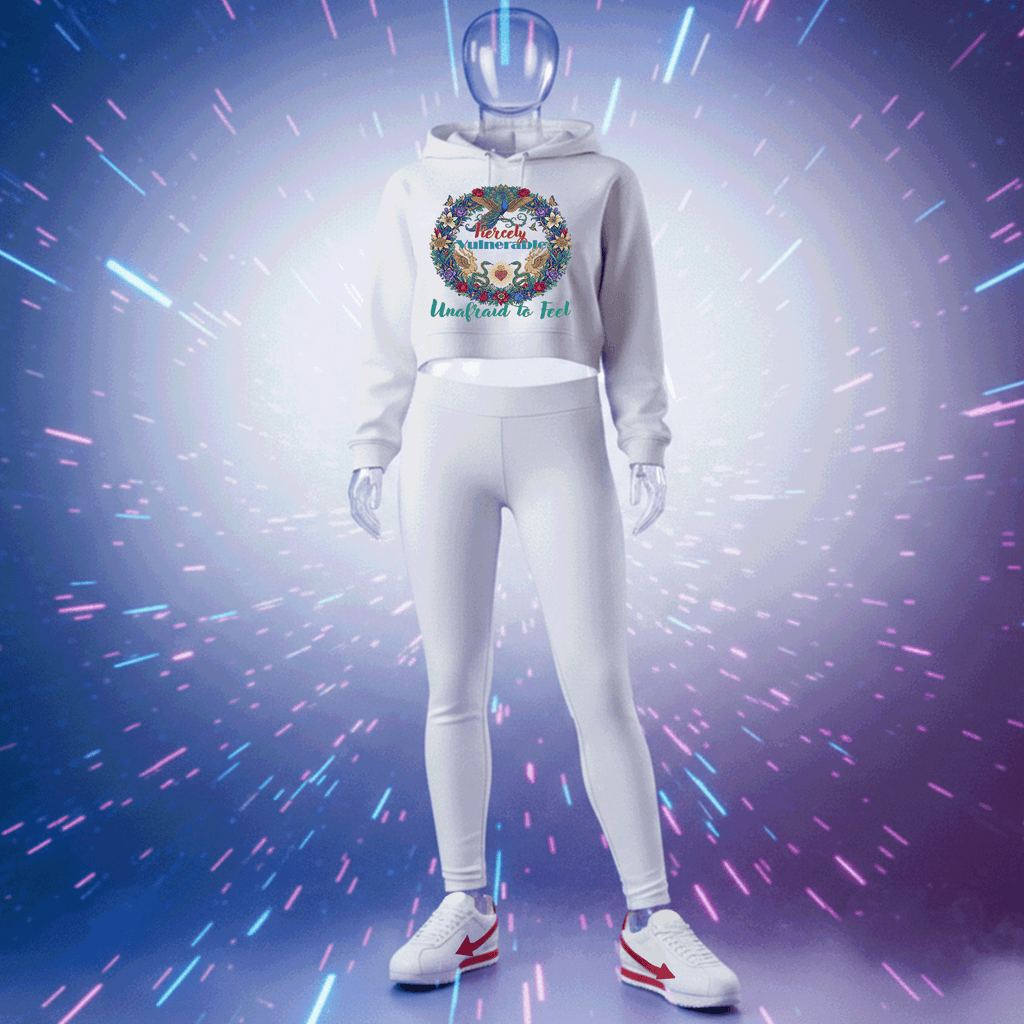 Fiercely Vulnerable Premium White hoodie with floral design and text on a blue and purple abstract background by Hyperphanta - Vanguard Collection