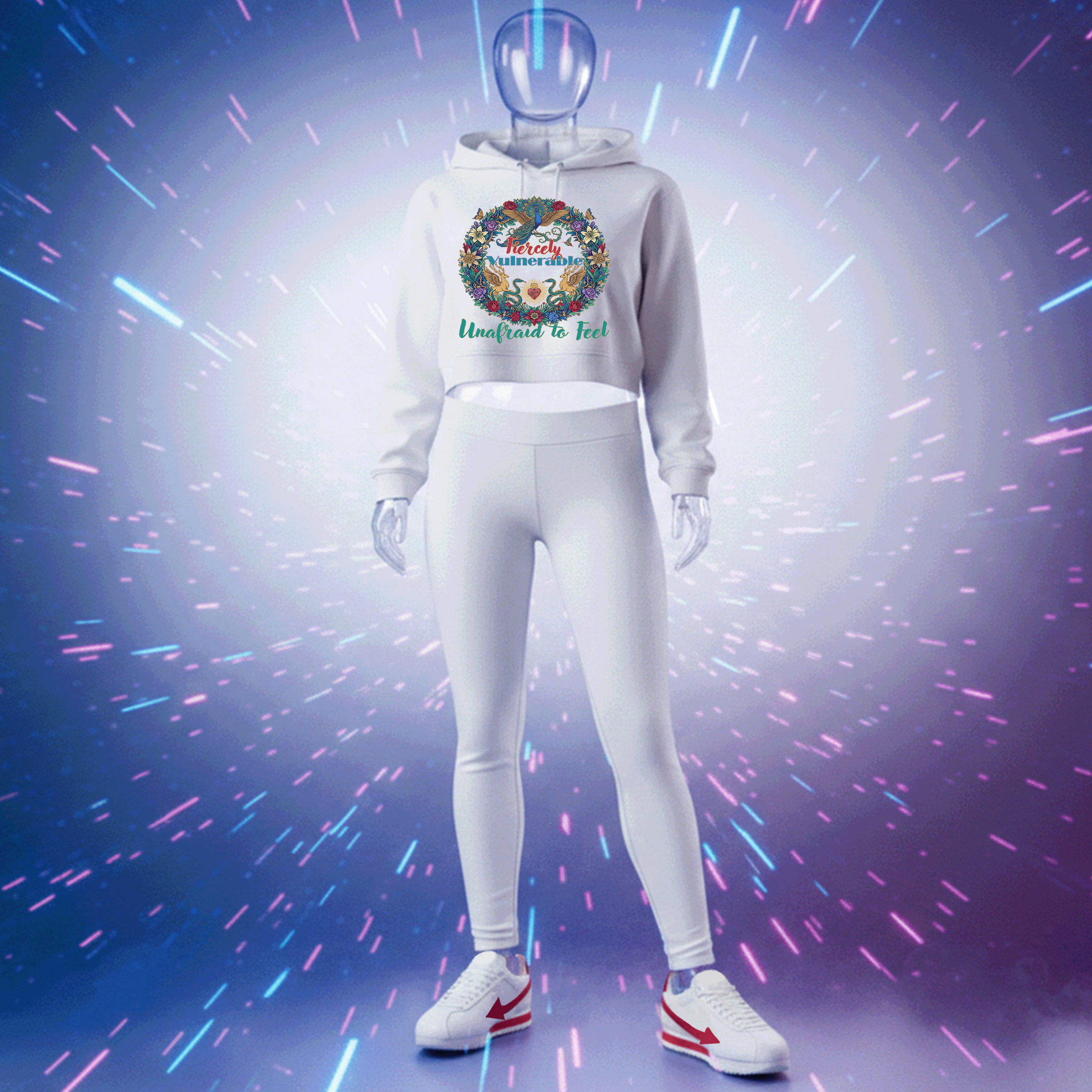 Fiercely Vulnerable Premium White hoodie with floral design and text on a blue and purple abstract background by Hyperphanta - Vanguard Collection