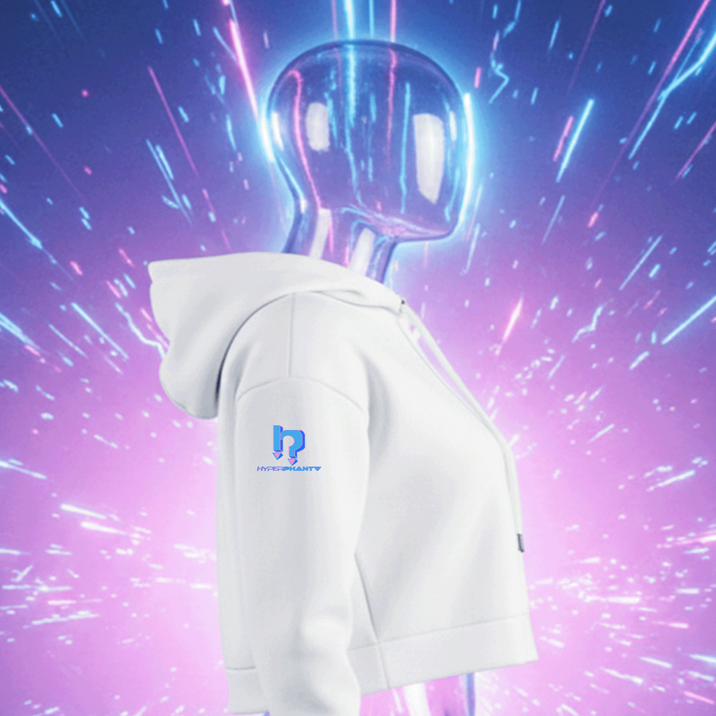 White hoodie with a logo on a futuristic, colorful background