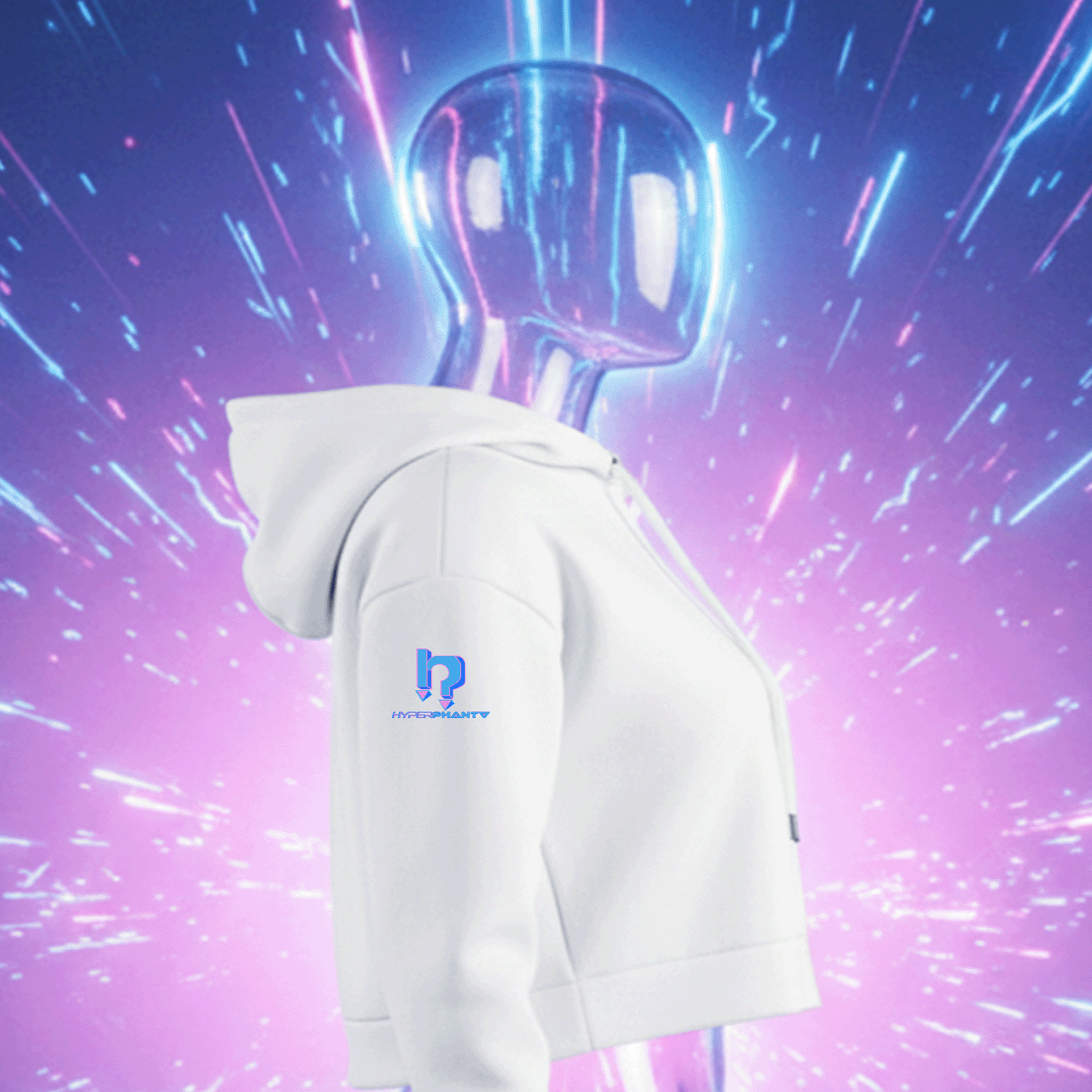 White hoodie with a logo on a futuristic, colorful background