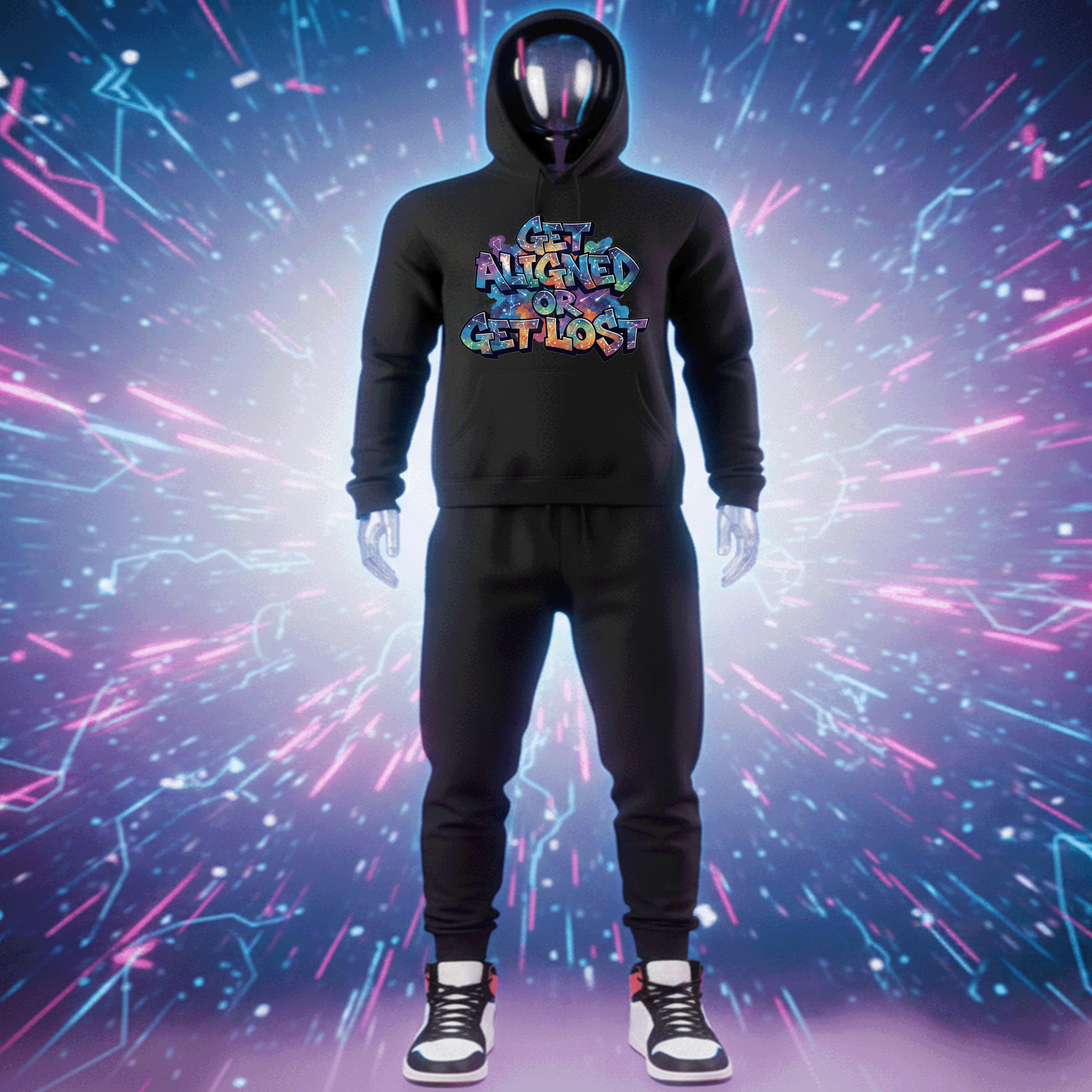 Get Aligned or Get Lost Premium Black hoodie with colorful text design on a vibrant, abstract background by Hyperphanta - Vanguard Streetwear Collection