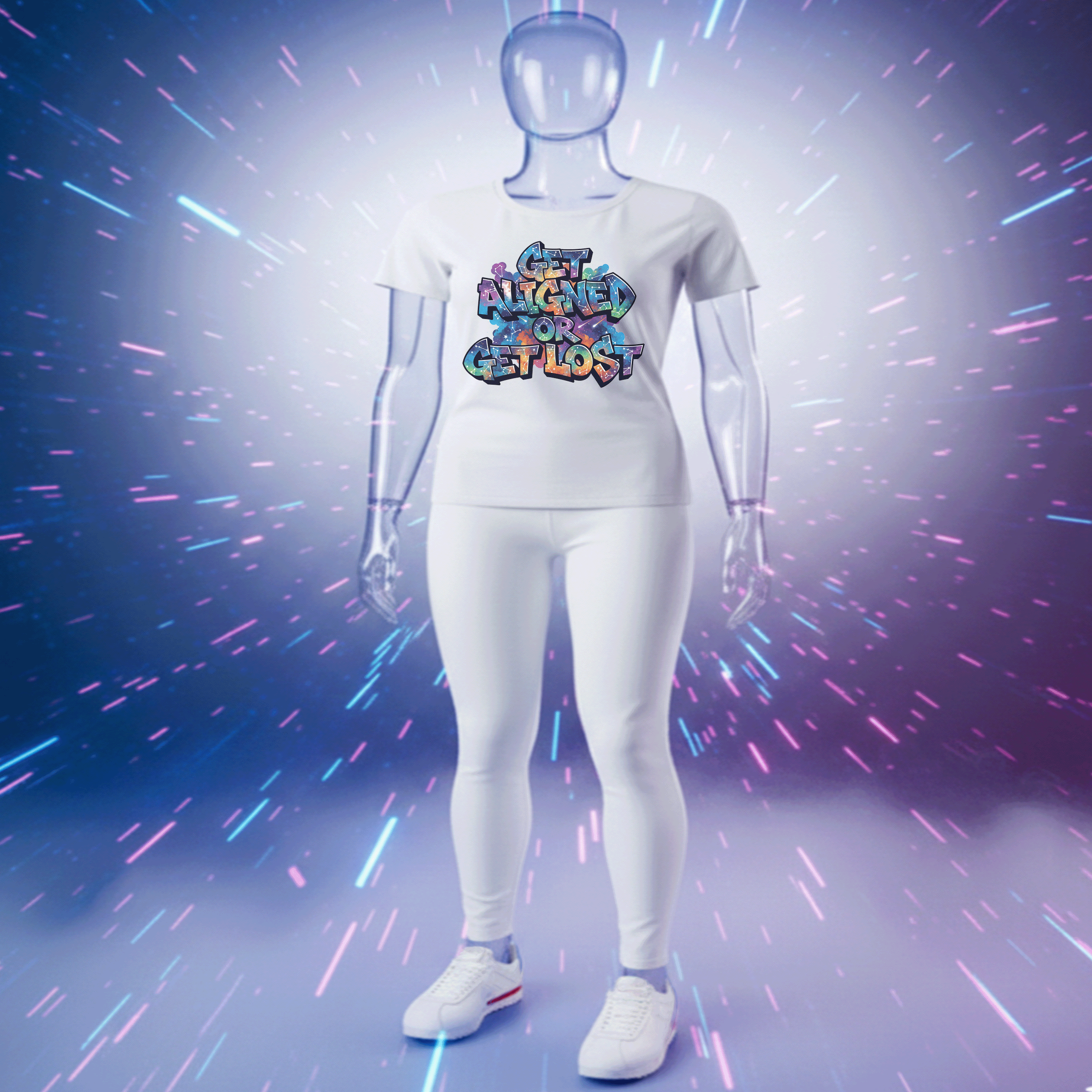 Mannequin wearing a white Get Aligned or Get Lost Premium Cotton t-shirt with colorful text against a vibrant, abstract background by Hyperphanta - Vanguard Streetwear Collection