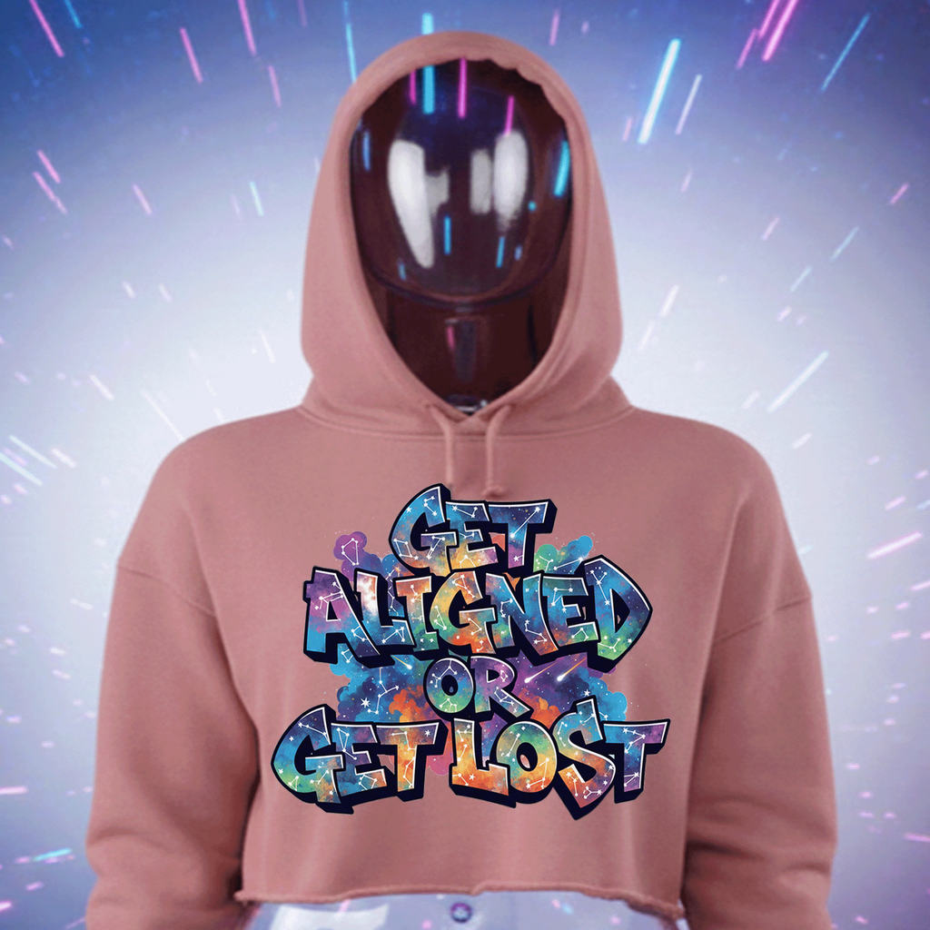 Mannequin wearing a pink Get Aligned or Get Lost Premium Cotton hoodie with colorful text design by Hyperphanta - Vanguard Streetwear Collection