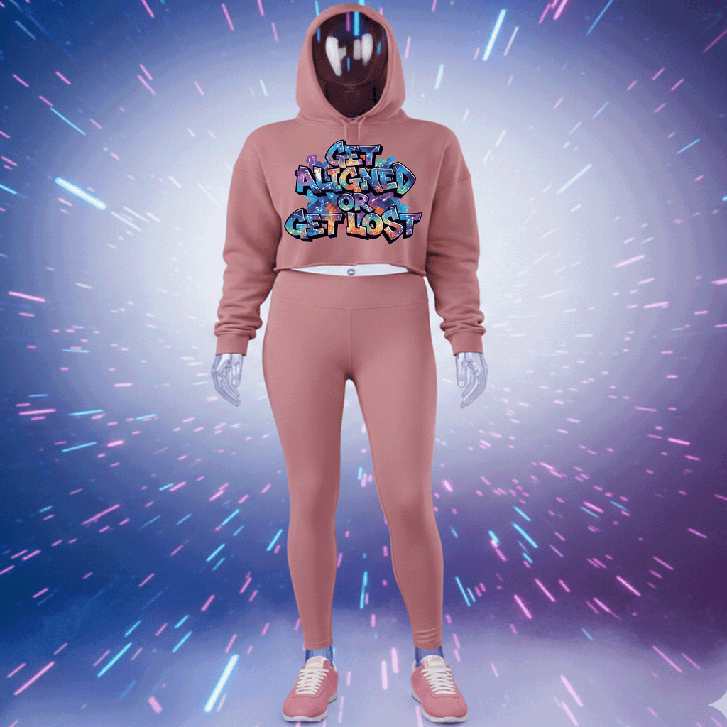 Mannequin wearing a pink Get Aligned or Get Lost Premium Cotton hoodie with colorful text design by Hyperphanta - Vanguard Streetwear Collection