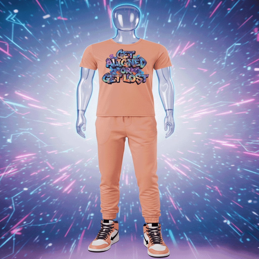 Mannequin wearing a peach Hyperphanta t-shirt with colorful text design against a vibrant, abstract background. Vanguard Streetwear Collection