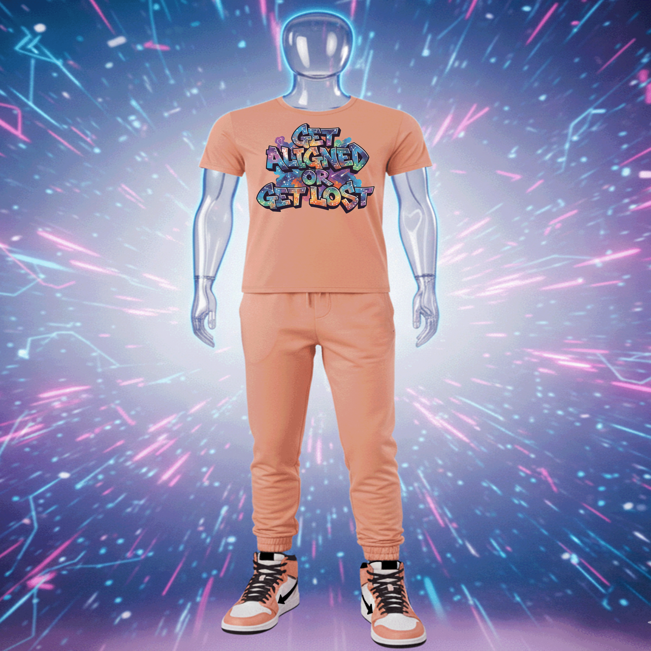 Mannequin wearing a peach Hyperphanta t-shirt with colorful text design against a vibrant, abstract background. Vanguard Streetwear Collection