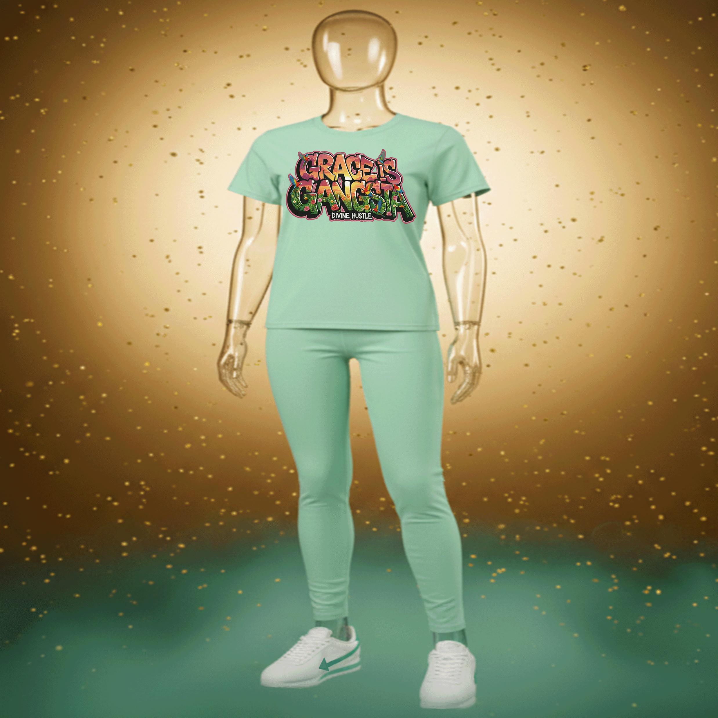 Mannequin wearing a light blue Grace is Gangsta Premium Cotton t-shirt with colorful text on a gold speckled background by Hyperphanta - Inner Alchemist Streetwear Collection