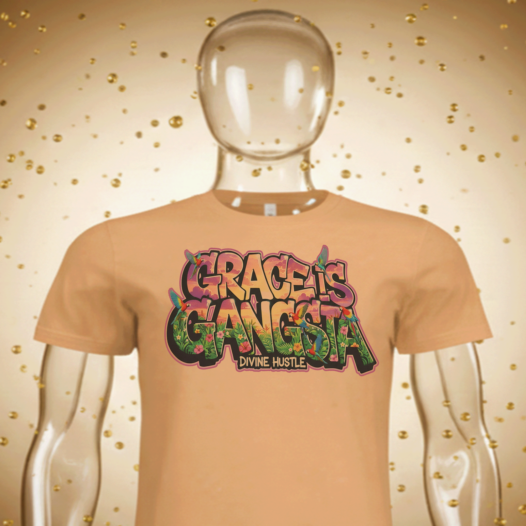 Mannequin wearing a tan Grace is Gangsta Premium Cotton t-shirt with colorful text design on a gold speckled background by Hyperphanta - Inner Alchemist Streetwear Collection
