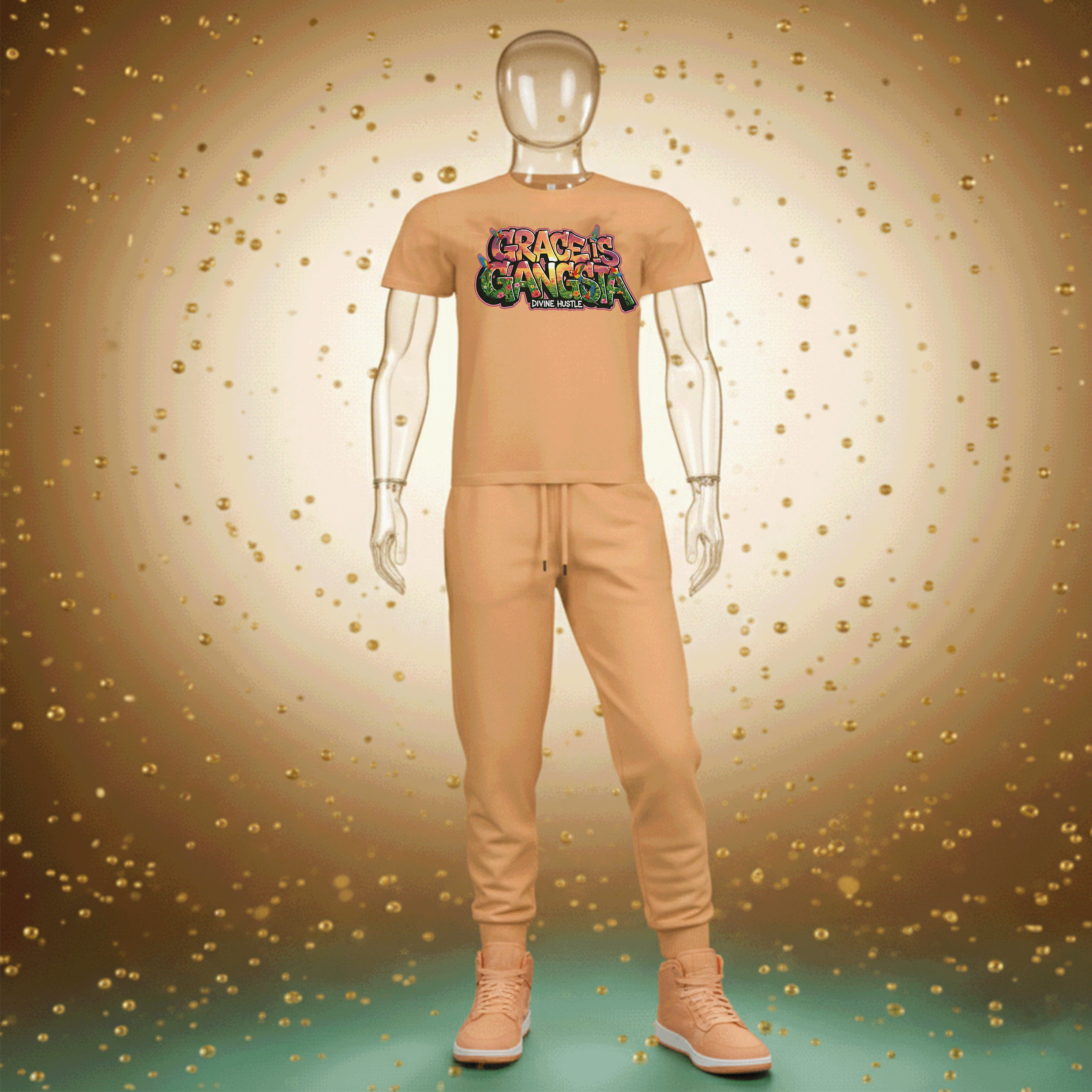 Mannequin wearing a tan Grace is Gangsta Premium Cotton t-shirt with colorful text design on a gold speckled background by Hyperphanta - Inner Alchemist Streetwear Collection