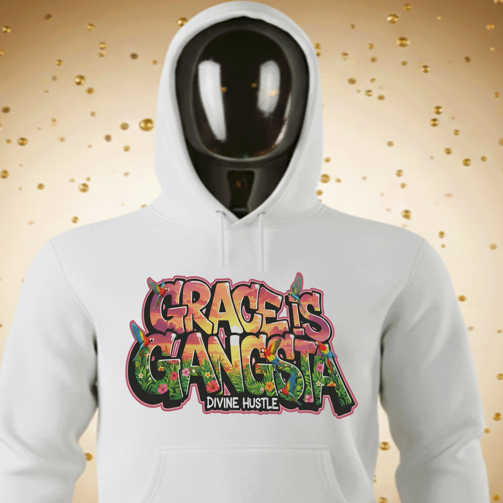 White Grace is Gangsta Premium Cotton hoodie with colorful text design on a gold and green gradient background by Hyperphanta - Inner Alchemist Collection