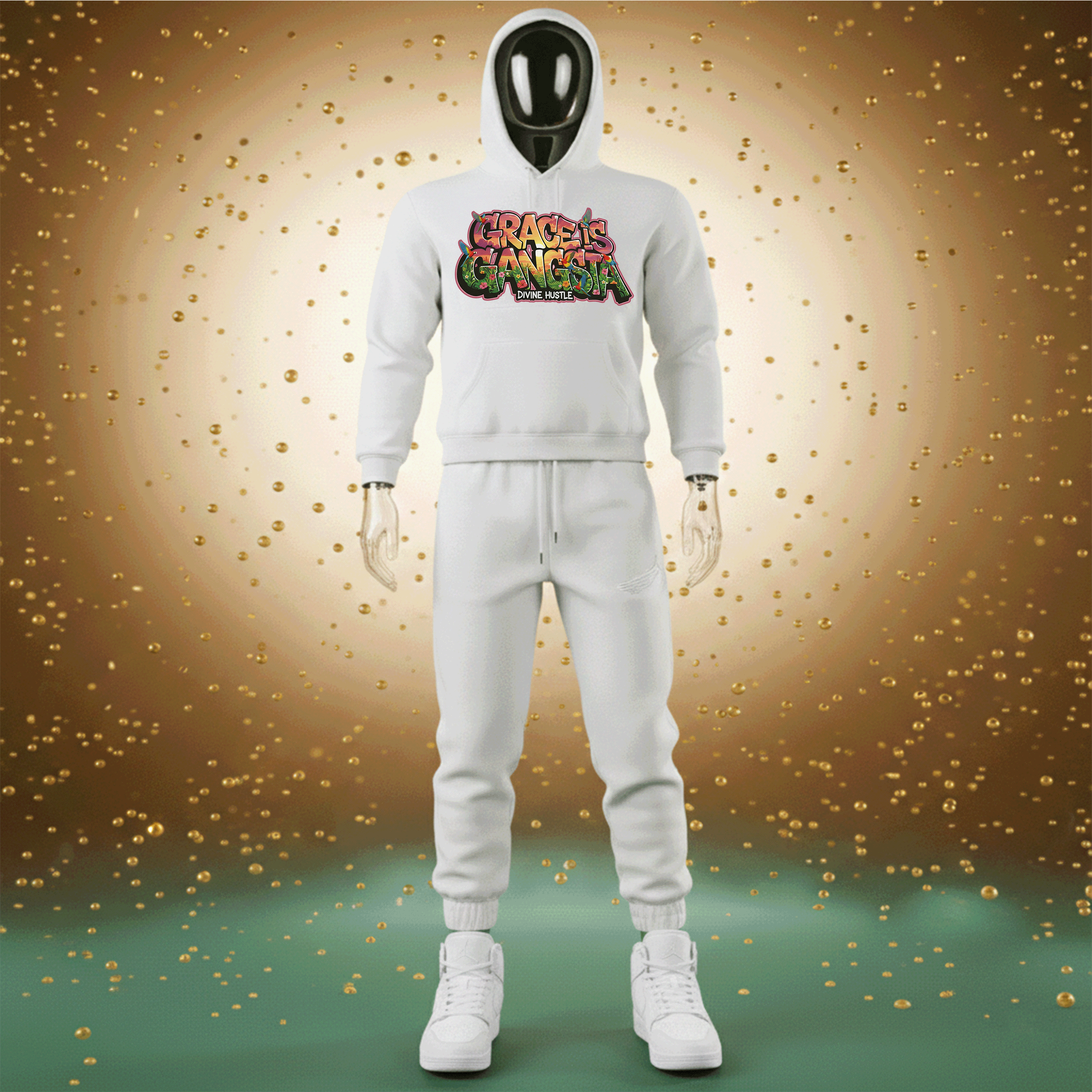 White Grace is Gangsta Premium Cotton hoodie with colorful text design on a gold and green gradient background by Hyperphanta - Inner Alchemist Collection